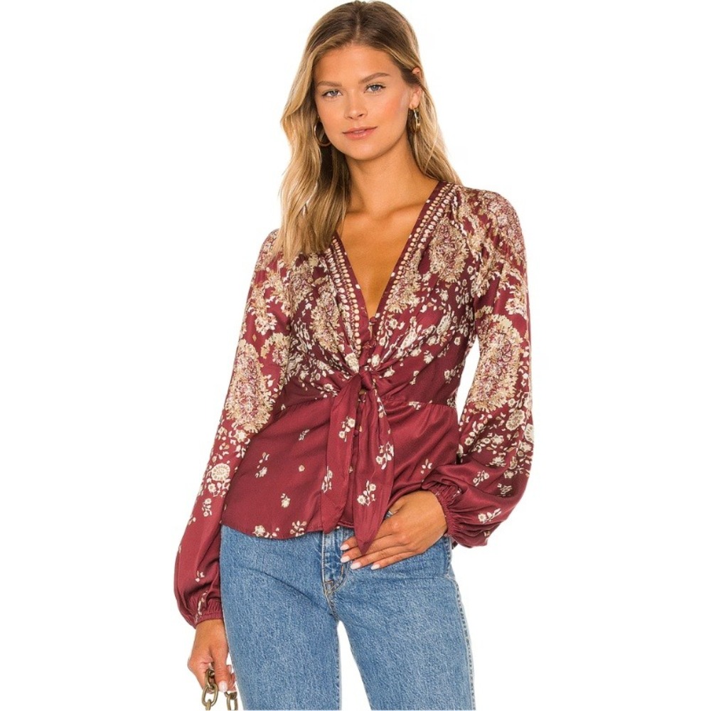 Free People Run Free Tunic in Chocolate Combo Burgundy Floral Blouse Size‎ XS